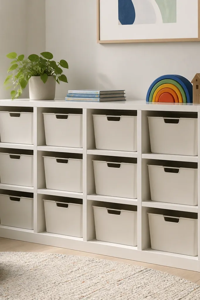 A grid of cube shelves made from painted plywood. Each cube has a small bin, and the top surface uses a glossy water-resistant laminate sheet. The unit sits against a wall and has a clean, modern look.