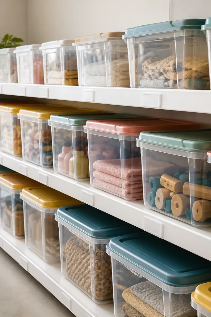 A long shelf run with three levels, each holding clear plastic bins with colored lids. Small shelf tags sit under the lip on each level, and the front edges are painted white.