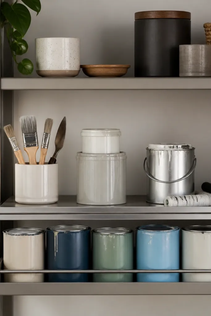 A sturdy shelf unit with a metal drip rail along the front edge. The shelves are sealed and slightly darker than the wall. Paint cans stand in a tray-like area below the drip rail.