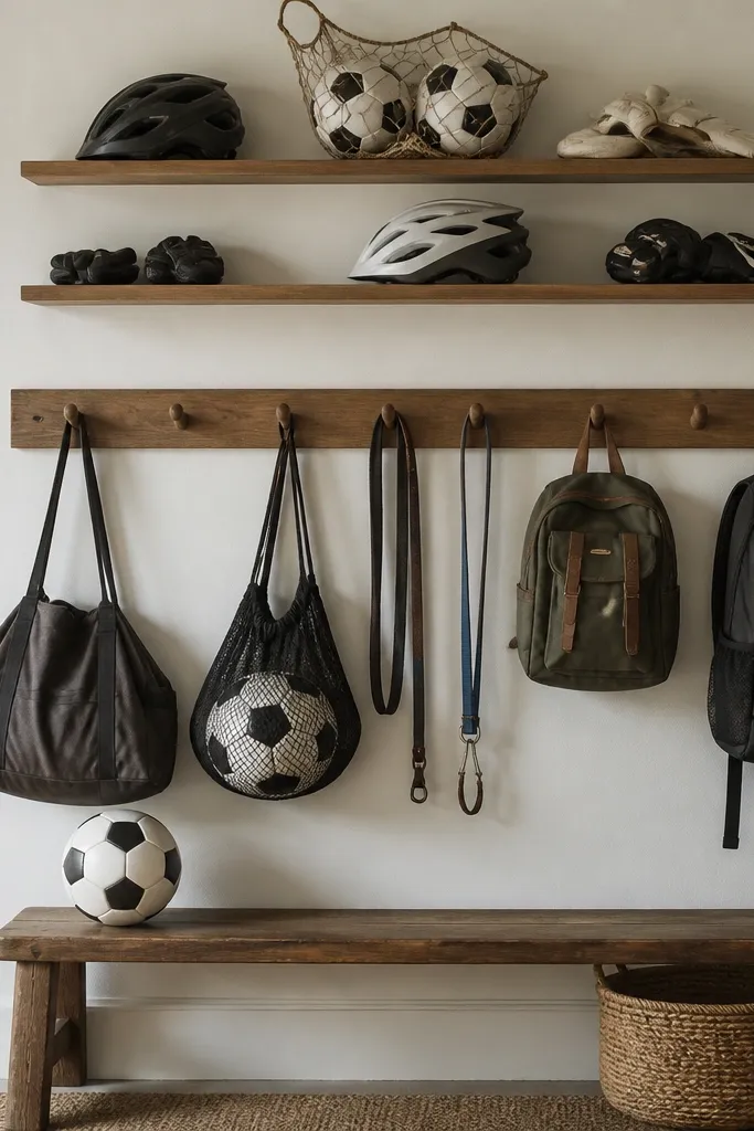 A wall with a long peg rail and small narrow shelves. Items like helmets, soccer balls in nets, and gloves sit on top shelves. Hooks hold bags and leashes for sports gear.