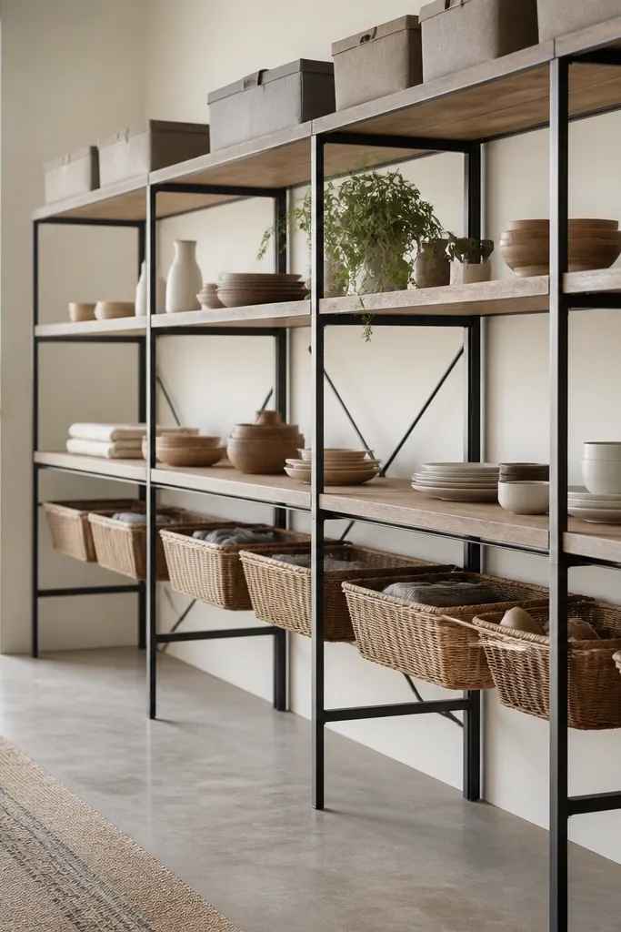 A long set of shelves with a dark metal bar frame. Baskets hang under the shelf levels, and small bins sit on top. The look is airy, with visible negative space.