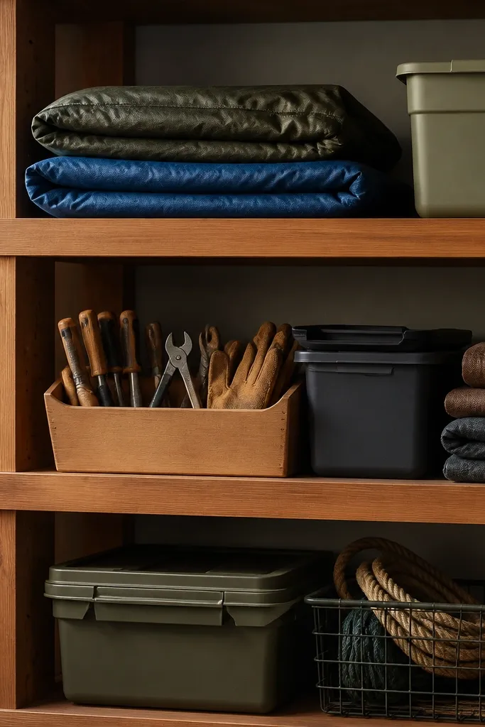Warm cedar-toned shelves with a matte finish. The boards look smooth and uniform, with a slight amber tint. They hold neatly folded tarps, a tool caddy, and bins with matching colors.