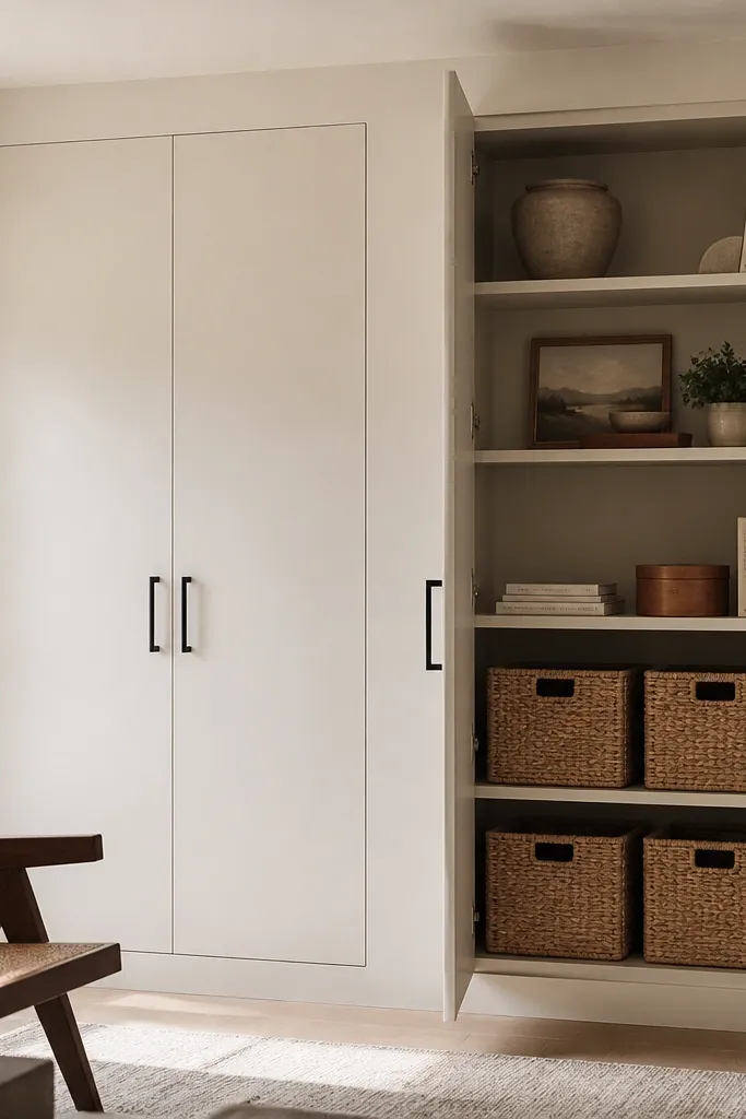 A shelf unit with front cabinet doors that close flush. When open, you see shelves and bins inside. The doors are painted the same color as the wall and have simple black pulls.