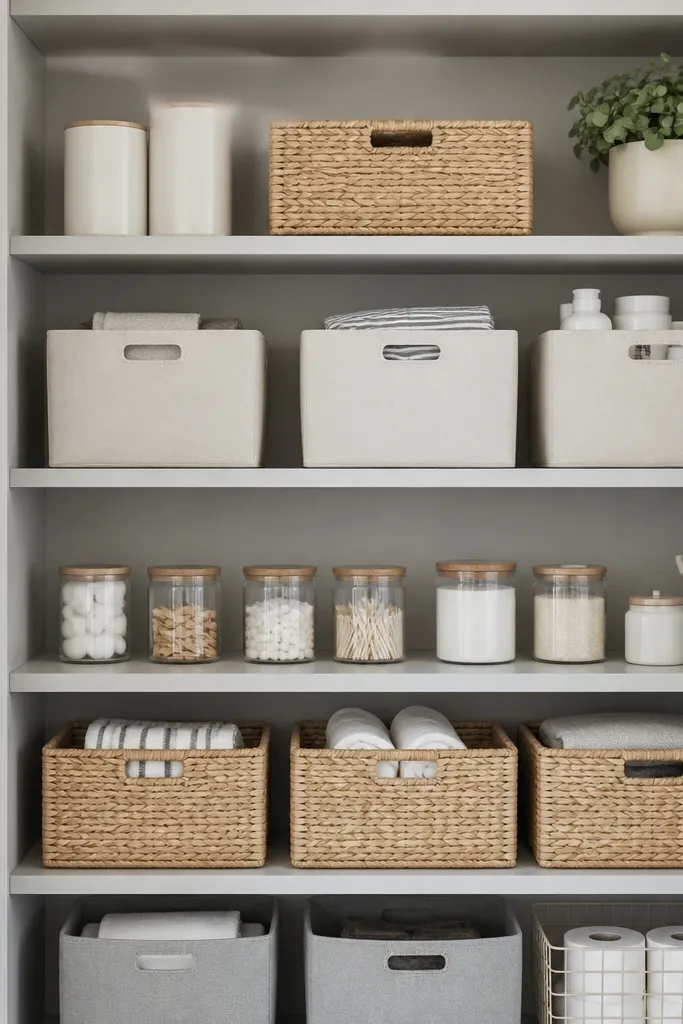 Smooth plywood shelves painted a soft light gray with a satin finish. The edges look crisp, not rough. The shelves hold neatly arranged bins and small labeled containers.