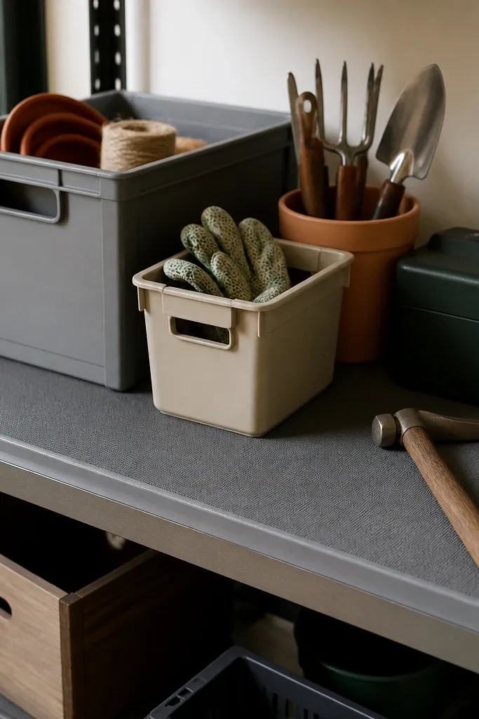 A standard metal or wood shelf with a gray vinyl liner cut to shape. The liner has a raised border at the front and corners, and it holds a mix of bins and small tools. The shelf surface looks clean even with daily use.