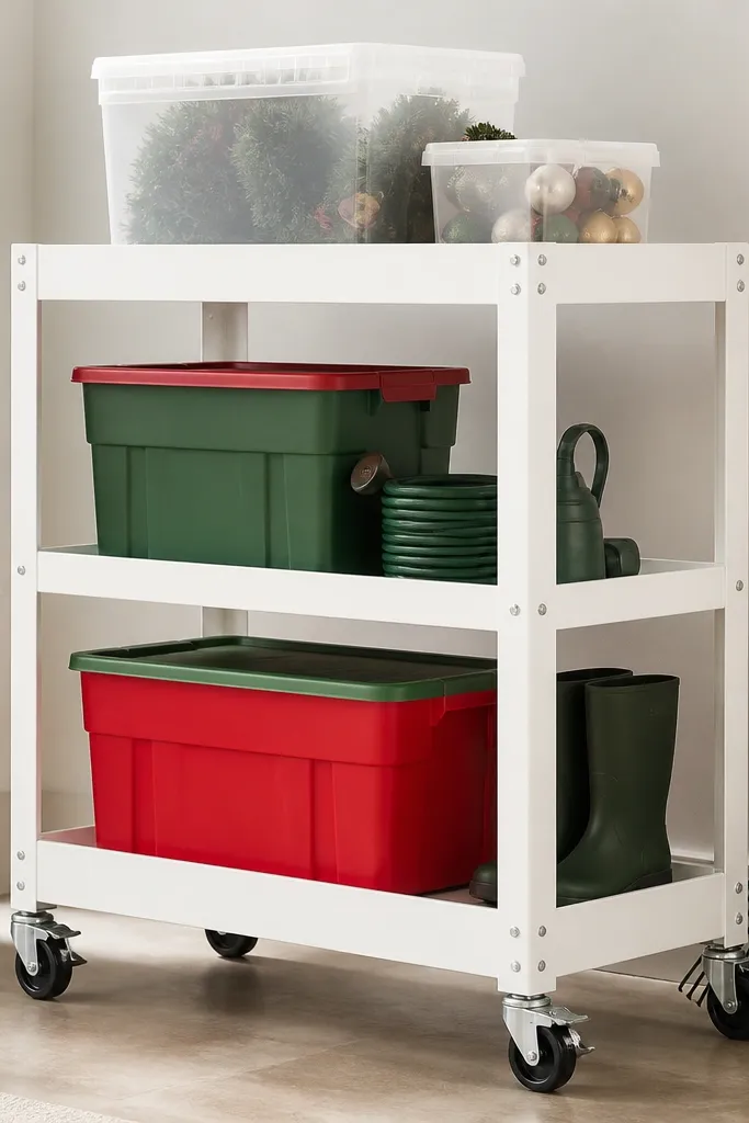 A compact rolling cart with two or three shelf tiers and lockable casters. The cart is painted white, and the shelves are melamine. It stores seasonal holiday bins and yard accessories.