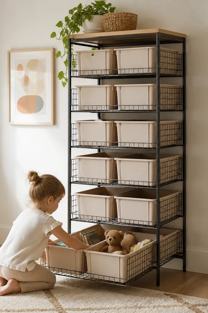 A tall shelving column with multiple levels and slide-out wire baskets. The baskets pull forward smoothly, and each level has bins that match. The unit is against a wall with clear access for kids.