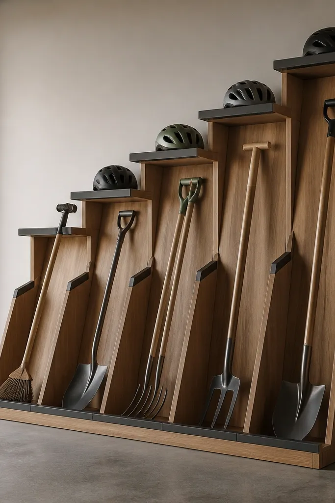 A stair-step shelving wall with alternating shelf heights. Long-handled tools rest in angled holders, and bike helmets sit on the higher steps. The shelves are sealed wood with a dark front edge.