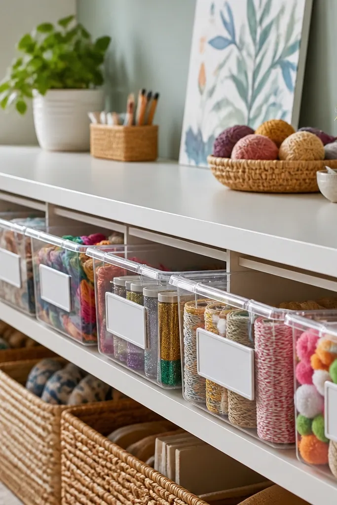 A row of shelves with clear-front bins hanging underneath. Craft supplies are visible through the plastic, and the bins have labels on the front. The shelf tops are smooth and easy to wipe.
