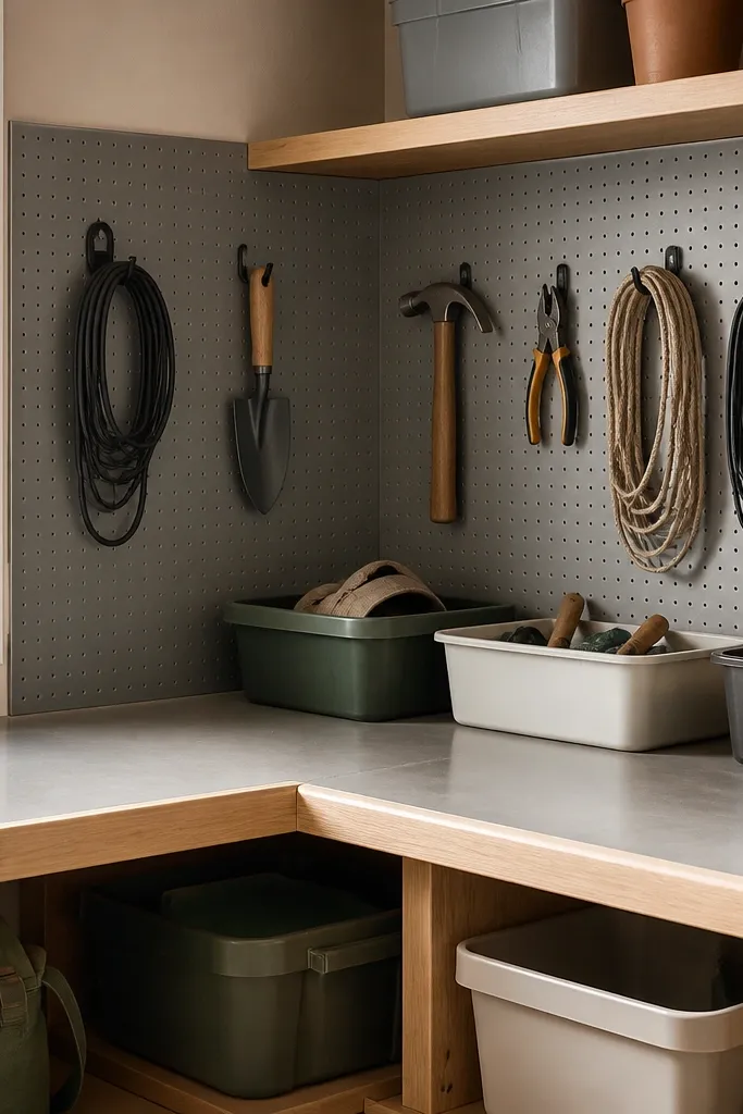 A corner wall section with a waterproof backing board behind a peg area. A shelf runs along the corner with a sealed surface. Hooks hold small tools and cords, and bins sit on the shelf.