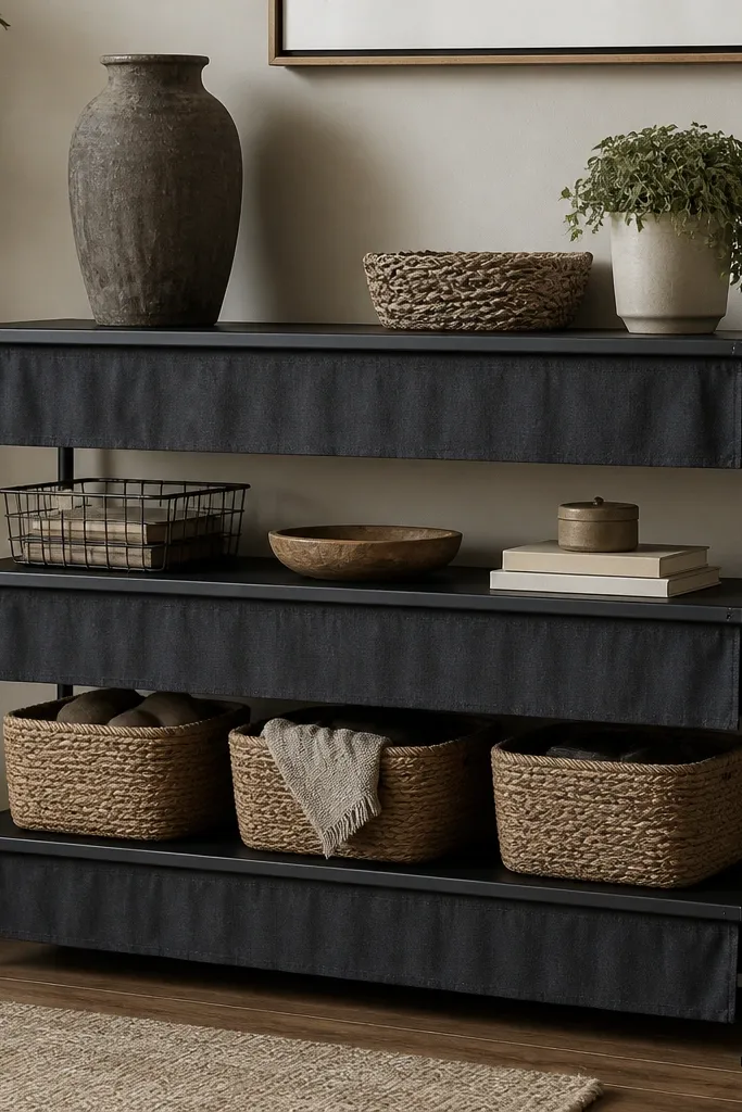 Matte black industrial shelving with three tiers. Each tier has a fabric dust skirt in dark gray that drapes slightly under the shelf line. The look is uniform and hides the gap behind bins.