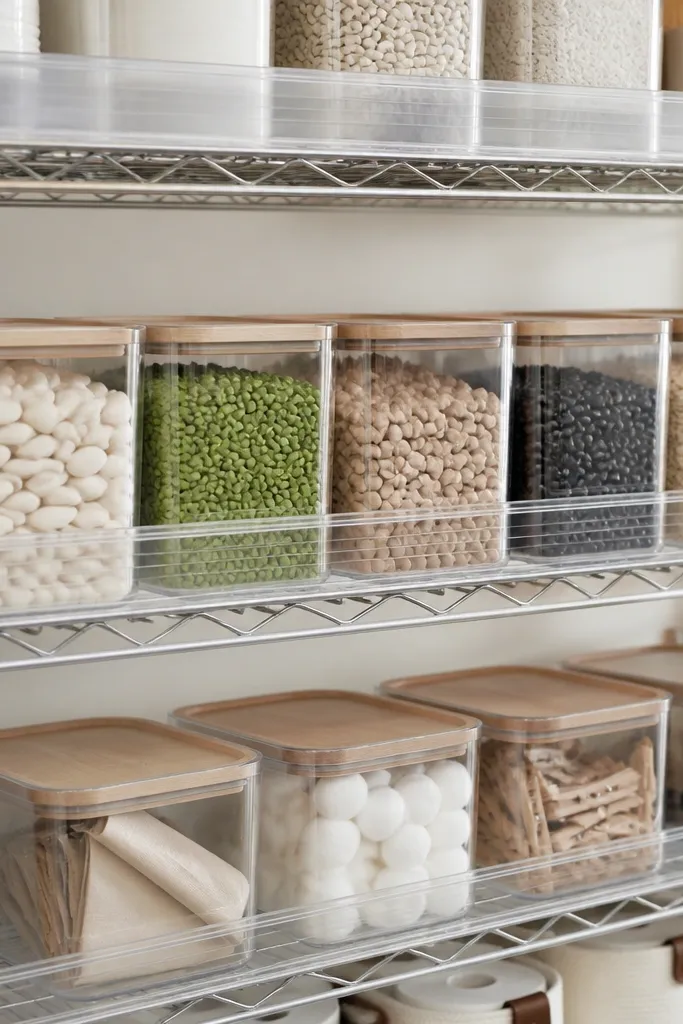 Metal wire or metal plank shelves with clear acrylic label strips running along the front. Bins sit neatly behind each label. The shelf front looks crisp and organized.