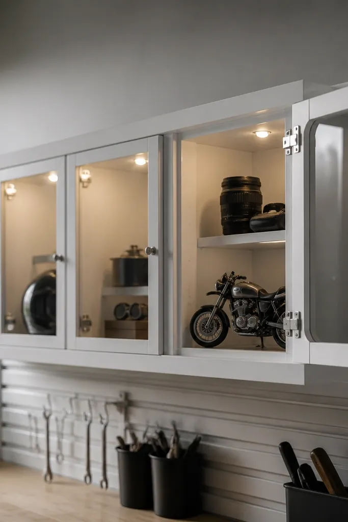 A row of small garage cabinets with clear or white doors. Each door has a small round LED puck at the top corner, and the inside of the cabinet is lit like a tiny display when the door is open.