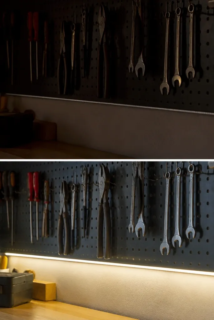 A pegboard wall with hooks holding hand tools. Under the pegboard, a thin LED strip runs along the bottom edge. It's dim when off and bright when motion is detected, lighting the hooks and tool silhouettes.