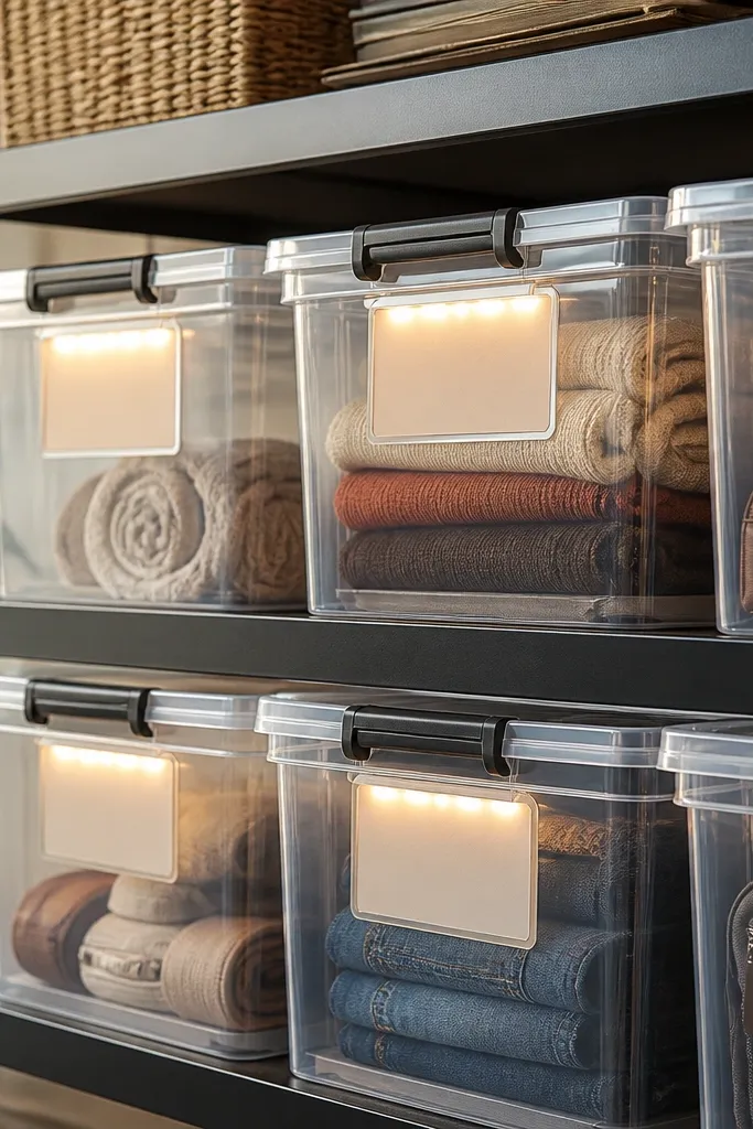 Clear plastic bins stacked on a shelving unit. Each bin has a small warm LED strip inside the lid area, lighting the label panel through the plastic so the text glows softly.