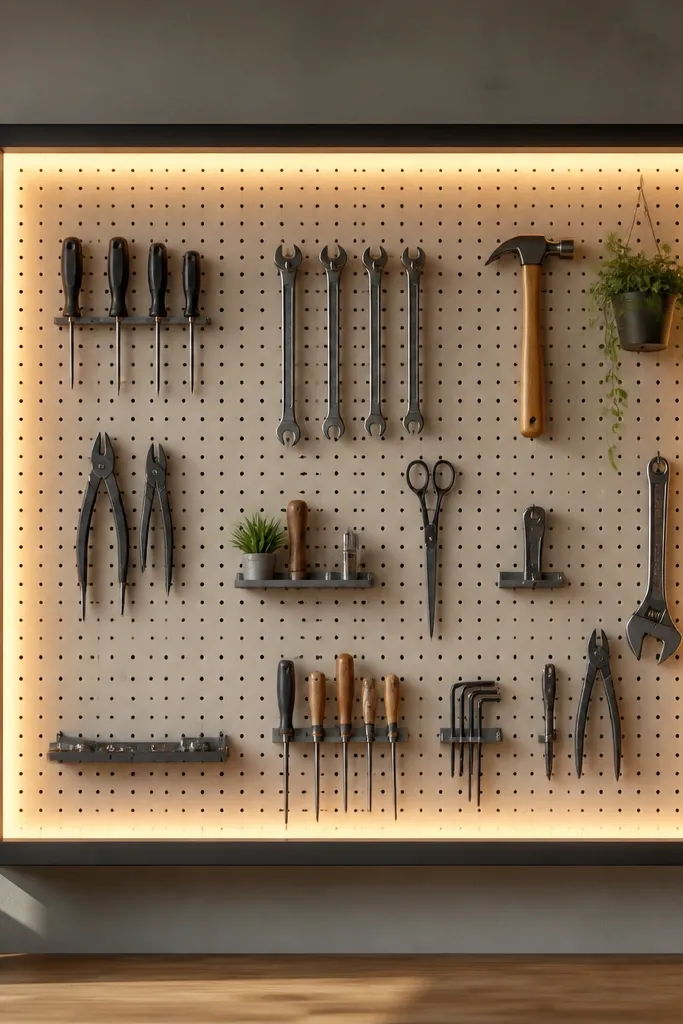 A pegboard wall mounted in a rectangular frame. Behind the pegboard is a thin sheet of frosted acrylic with LED strips at the edges, creating a soft backlit border around the tools.