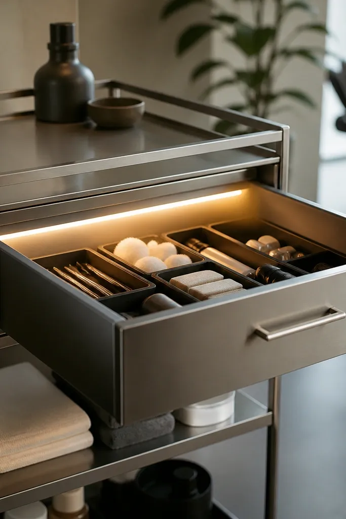 A metal rolling cart with a drawer. The drawer interior has a slim LED strip along the back wall, lighting organizers and labels inside the drawer.