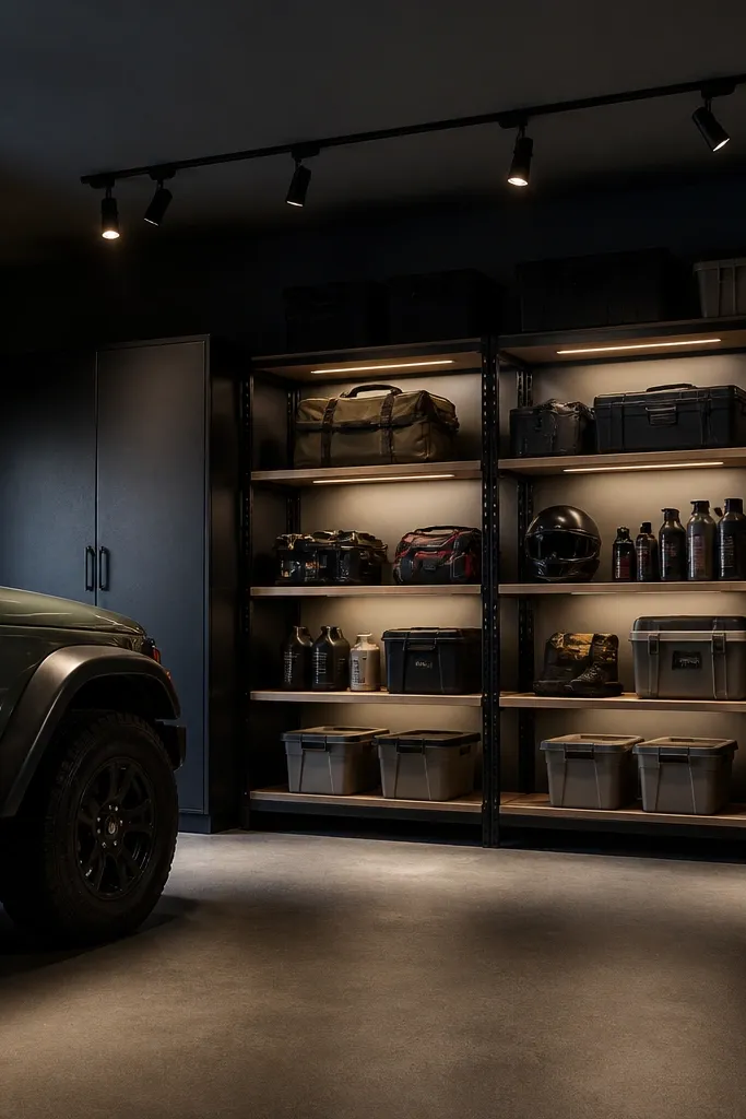 A ceiling with a track light system. Multiple adjustable heads point down at different storage shelves, each shelf area glowing, while the rest of the garage stays dim.