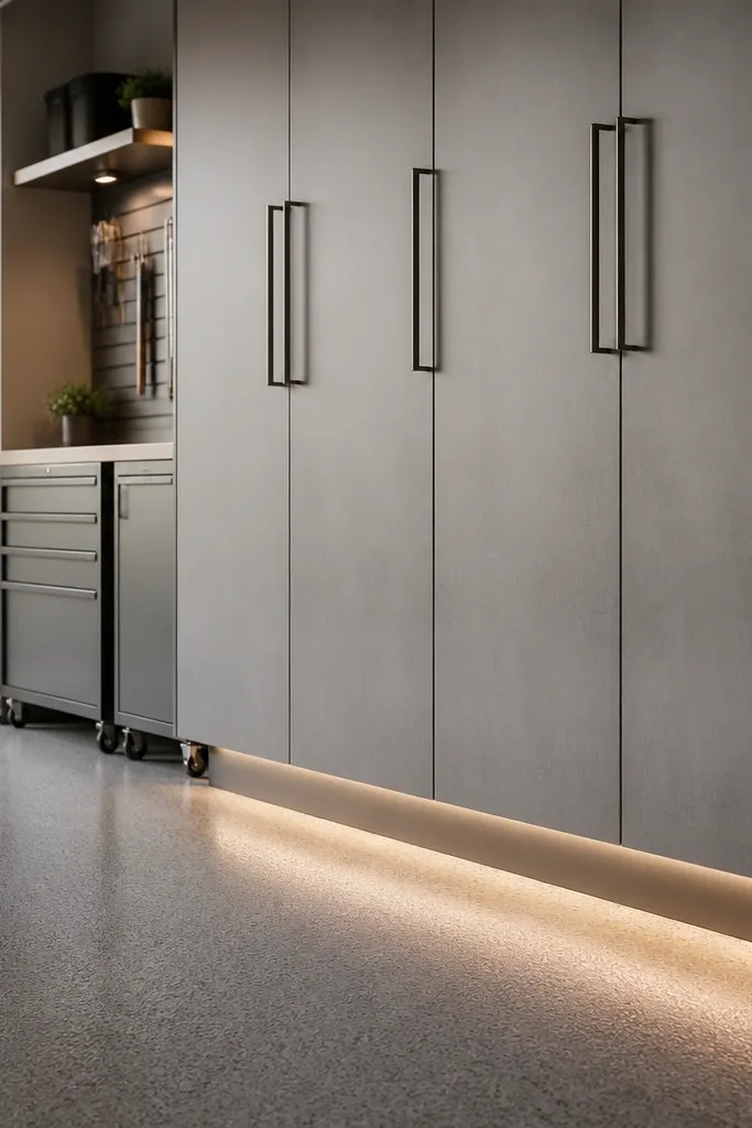 Garage wall cabinets with a toe-kick space at the bottom. A rope light sits in the toe-kick channel, making the cabinets look like they float above the floor.