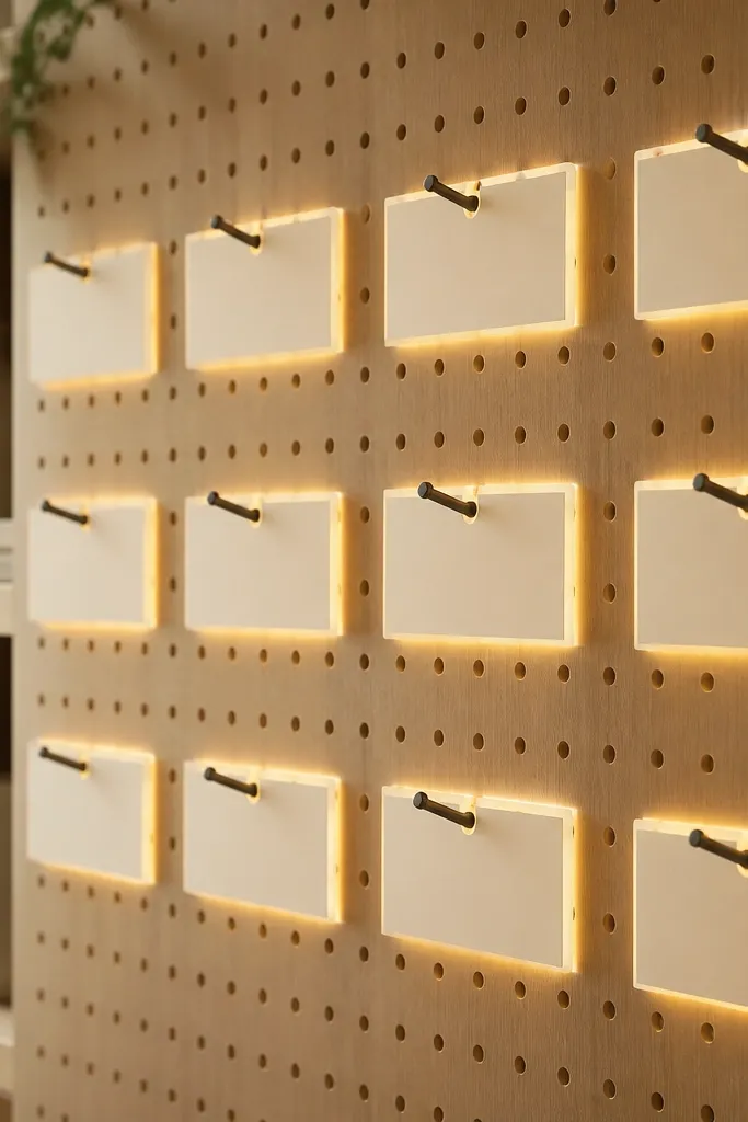 A pegboard wall with small labeled tags mounted on hooks. Behind the tags are thin LED edge lights, making each label area glow softly.