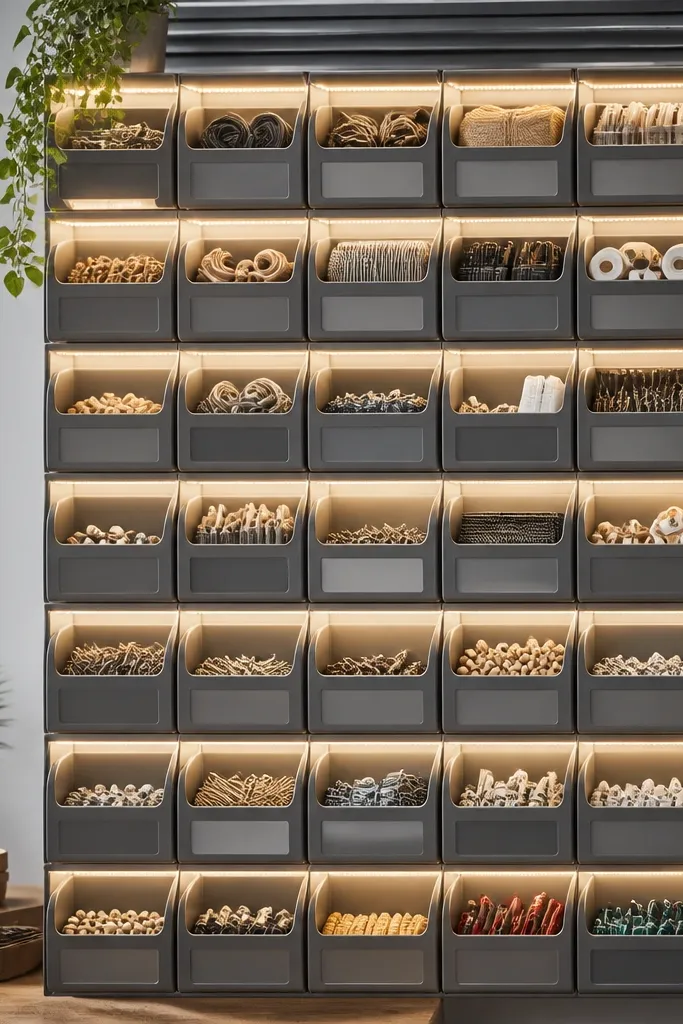 A vertical organizer wall with evenly spaced bins. Each bin has a small LED strip along the top edge of its compartment, lighting the front label and contents.