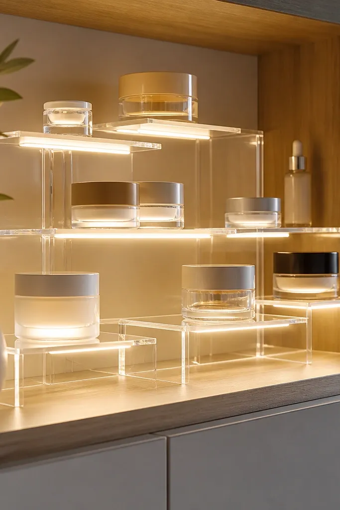 A shelf setup where clear acrylic risers hold small containers. LEDs are mounted under the risers, making the containers appear to float with a gentle glow.
