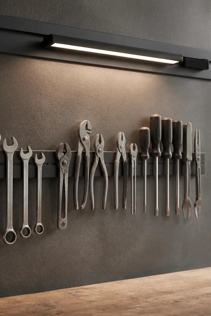 A tool wall with a magnetic bar holding metal tools. Above it, a slim LED bar is mounted on a magnetic rail system, lighting the tools from the side.