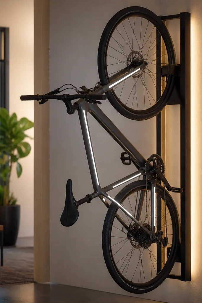 A wall-mounted vertical bike rack with a bike hanging vertically. LED strips run along the rack supports, and reflective trim catches the light around the bike frame.