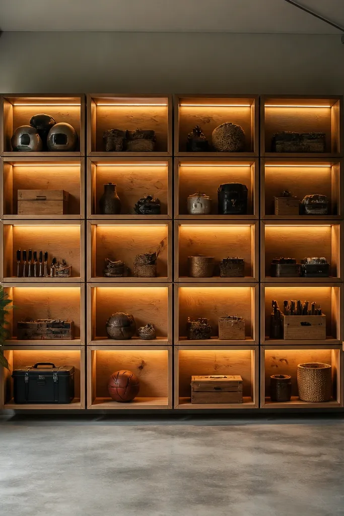 Stacked wooden boxes arranged like a grid on a garage wall. Each box has a warm LED strip along one side, creating a soft glow on the wood grain.