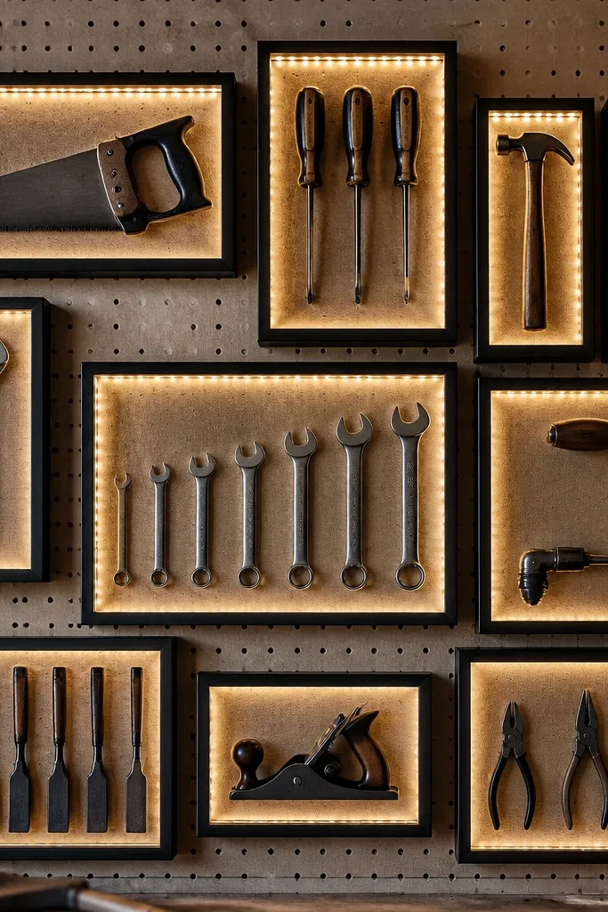 A pegboard with framed shadow boxes around tools. Small LED strips line the inside edges of each frame, casting light around the tool outline.