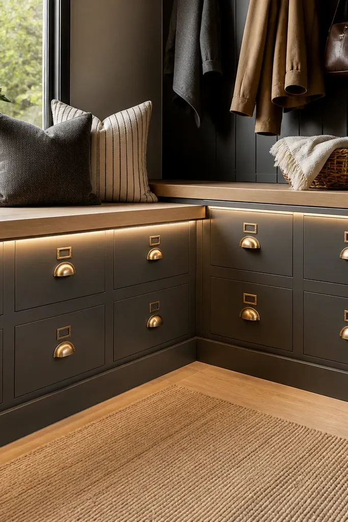 A corner storage unit with drawers under a bench-like shelf. LED strips are installed under the shelf edge, lighting the drawer pulls and labels.