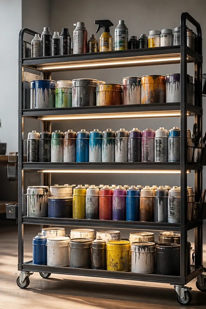 A rolling shelf unit with multiple tiers. Each tier has a strip LED along the underside, lighting paint cans and spray bottles so labels are readable.
