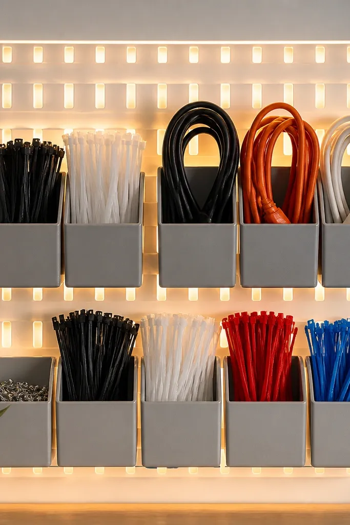 Small pegboard compartments for accessories like zip ties and extension cords. Behind the compartments is a light-colored backing board with LEDs, creating a soft backlight behind the items.