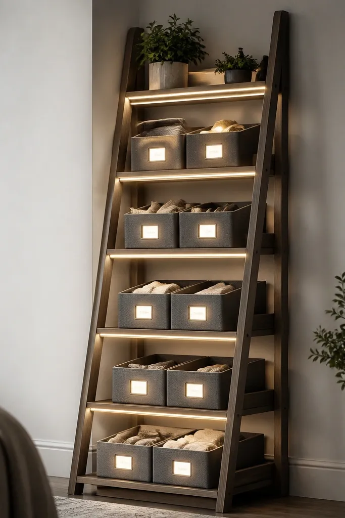 A vertical storage ladder style shelf with several steps. Each step has bins, and the steps have small LED strips that glow along the edges, with bin labels illuminated.