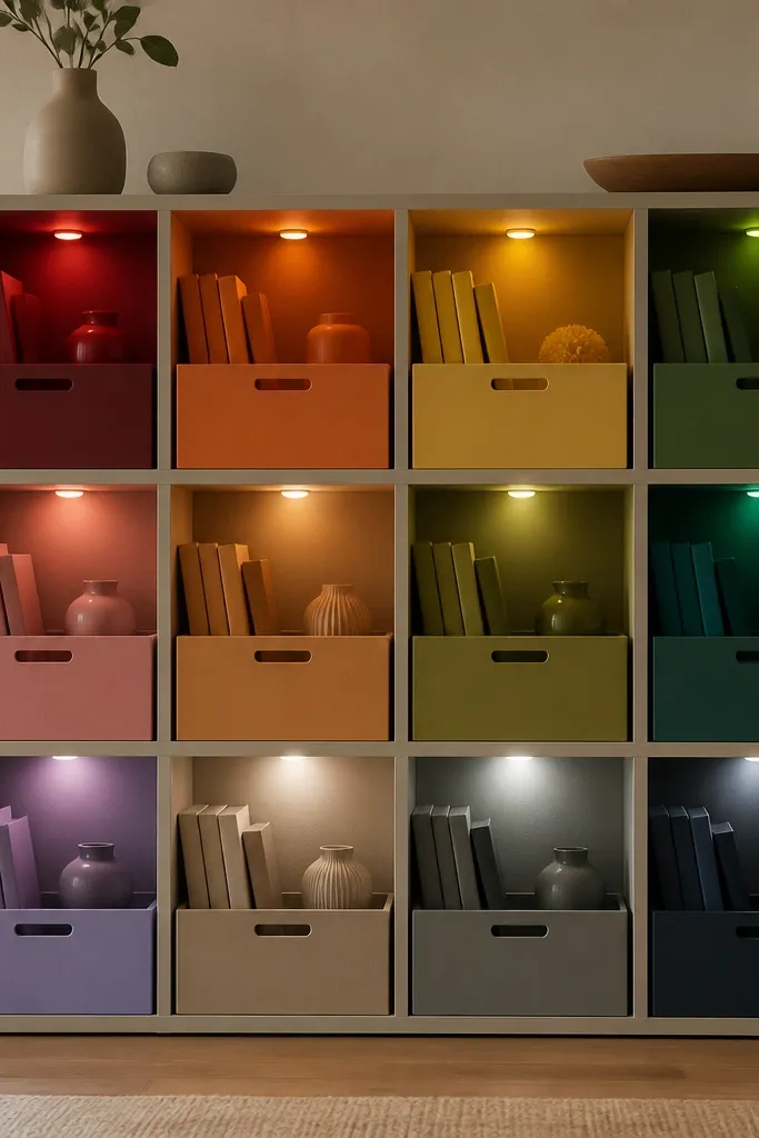 A shelving unit divided into sections with small LED indicators in different warm colors. Each section has a label and the light color matches the label category.