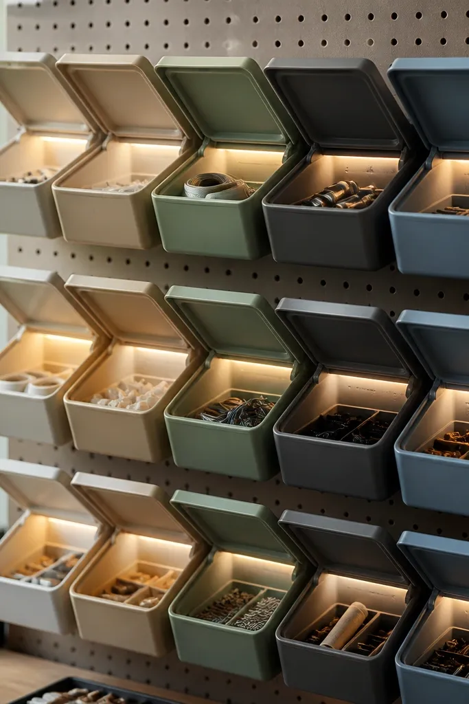 Hinged-lid bins mounted on a pegboard. LEDs sit inside each bin compartment so the interior lights when the lid is open, with warm light reflecting off the bin interior.