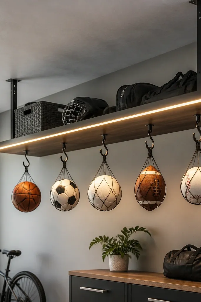 A ceiling-mounted shelf with hooks and a row of hanging sports balls. LED strips run along the shelf edge, lighting the hooks and balls from above.