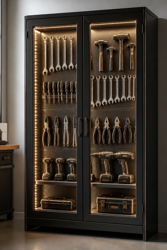 A tall cabinet with glass doors. Inside, LED strips run along the sides and top, and you can see tool outlines clearly through the glass.