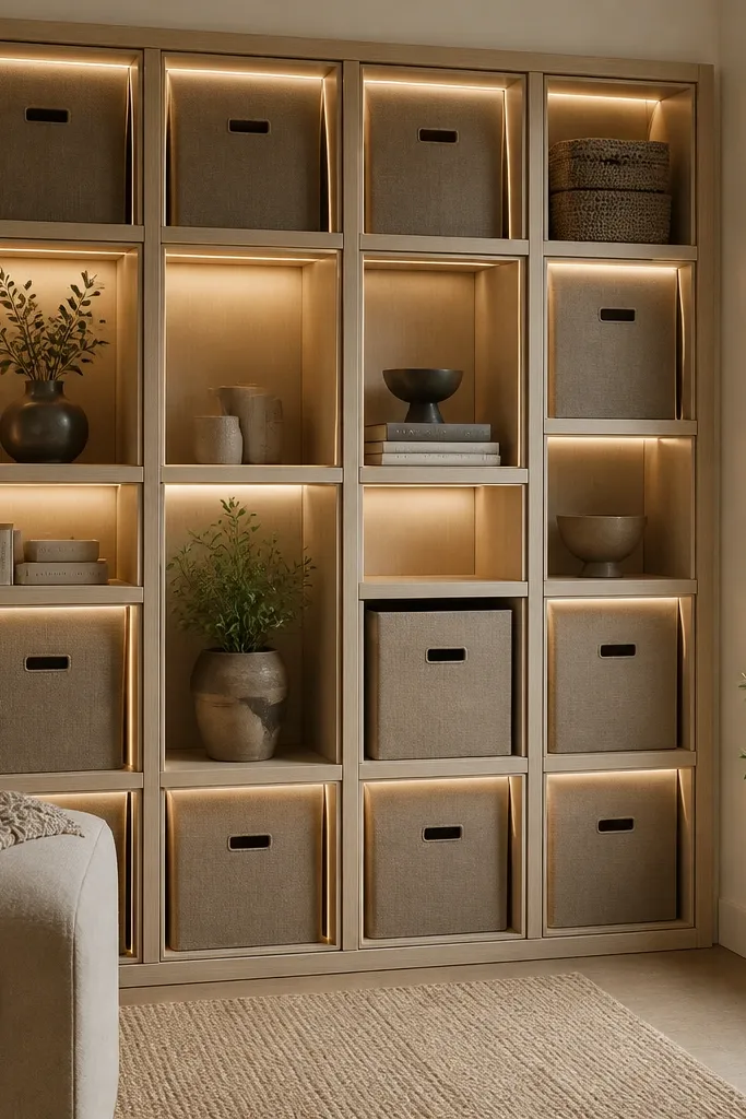 A storage wall with framed sections around bins. Thin LED strips sit inside the frame edges, creating a border glow around each bin section.
