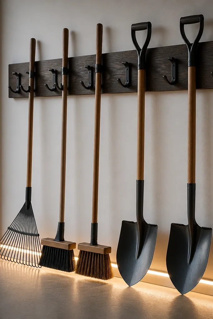 A wall-mounted holder for rakes, brooms, and shovels. LED strips are mounted at floor level along the holder's base, lighting the tool heads and the hooks.