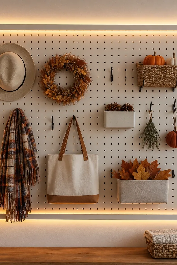 A pegboard border with LED strip along the perimeter. Hanging seasonal items like hooks and small bins sit inside the bordered area.