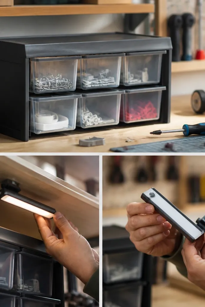 A small portable storage station on a workbench. A USB rechargeable LED strip is clipped under a shelf edge, lighting bins during a weekend project and then removed.