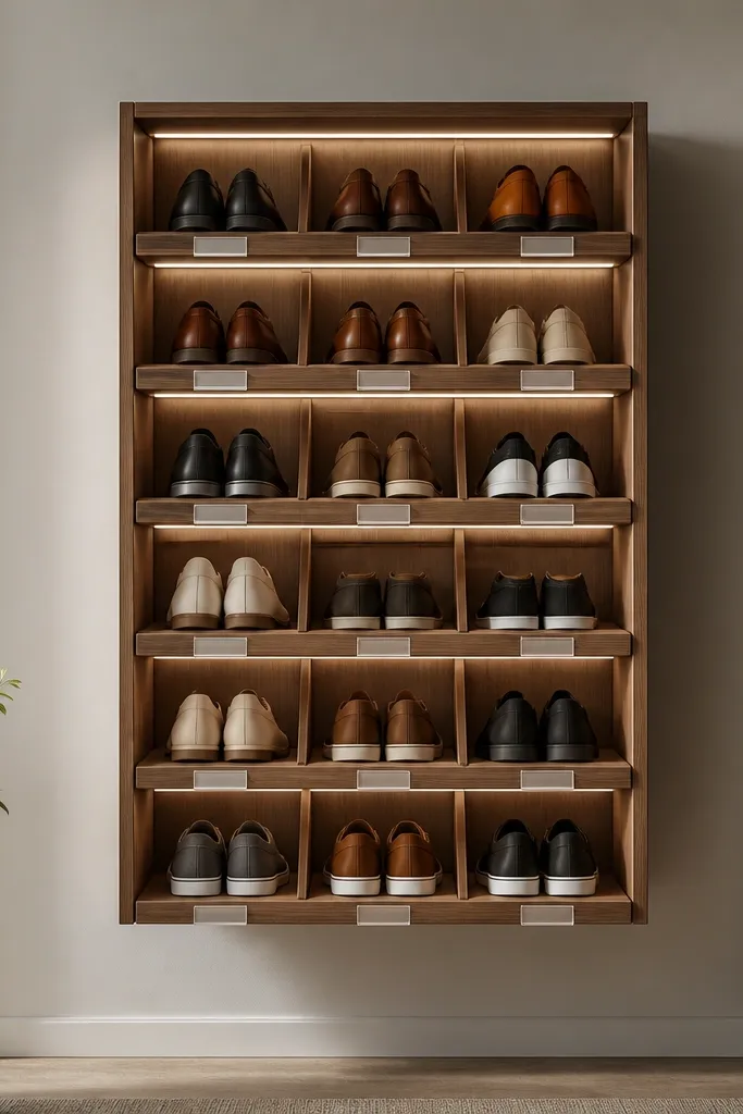 A hanging shoe shelf unit on the wall. Each shoe slot has a clear label tab, and LED strips run along the shelf underside, lighting the labels and shoe openings.