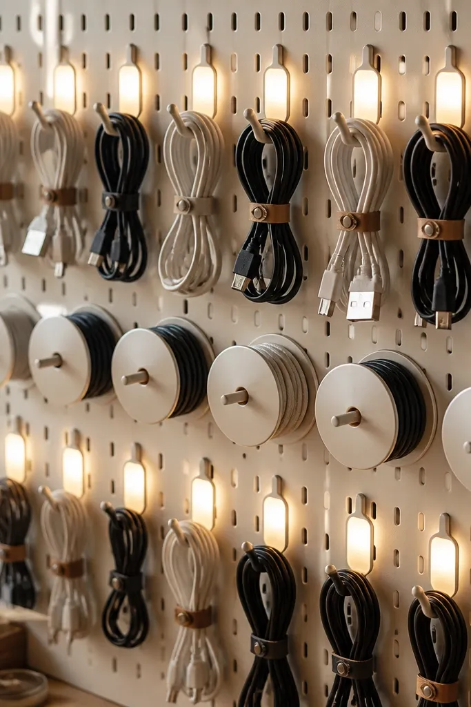 A pegboard section with cord holders and small cable reels. LEDs sit behind the cord organizer, lighting each cord's label tag with a soft glow.