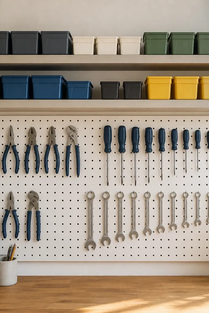 A white pegboard panel with a tidy grid of powder-coated hooks. A set of pliers, screwdrivers, and wrenches hang in matching positions. Small plastic bins sit on two shelves above the pegboard.