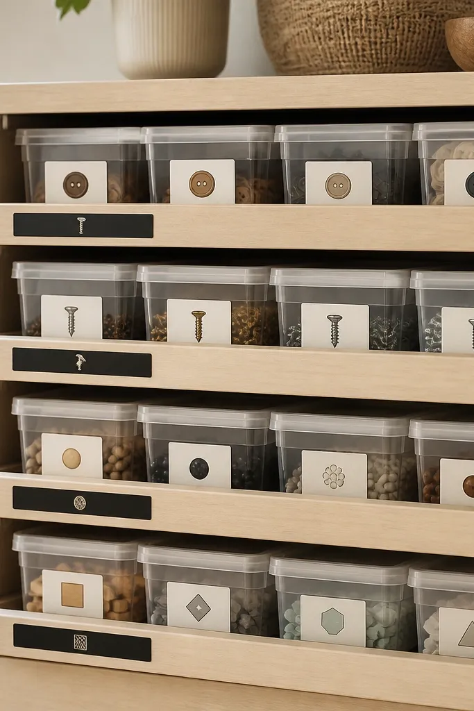 A set of shallow drawers in a cabinet. Inside are clear plastic bins with snap lids. Each bin has a bold label on the front, and the drawers are labeled with a black marker strip.