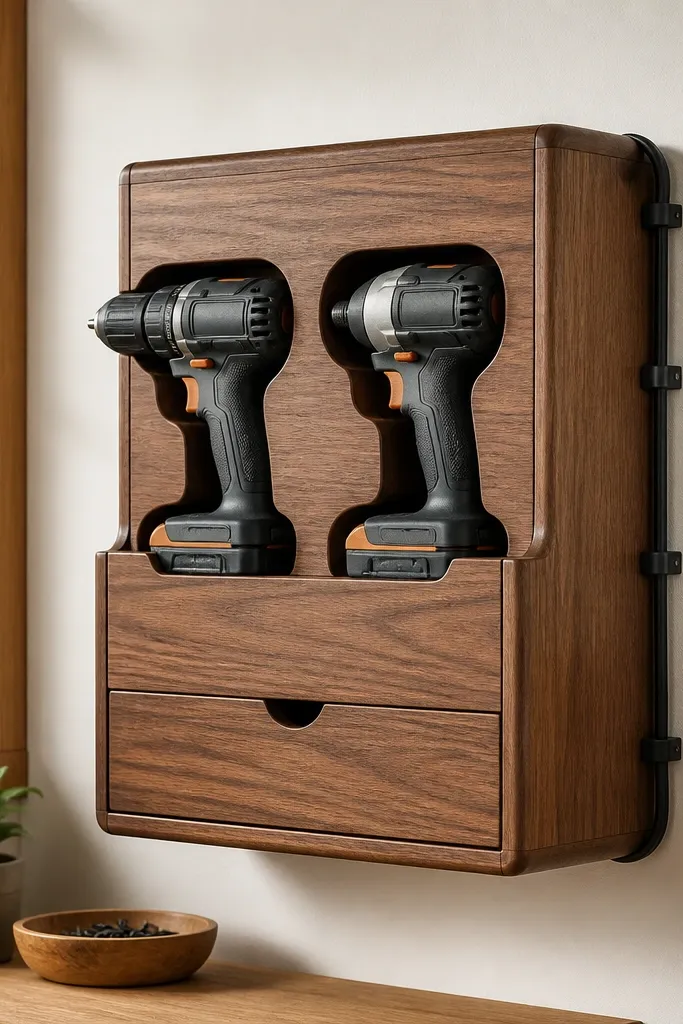 A wall-mounted charging cradle made of sealed wood with two cutouts holding a drill and driver. Black cable clips run along the side, and a power strip is hidden behind a small access panel.