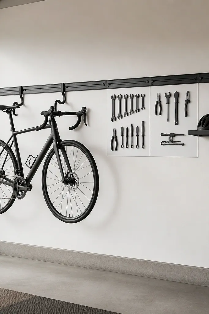 A long wall rail with two hooks for a bike and adjacent sections with tool hangers. The tools are in black silhouettes on a white backing, and a small shelf holds helmets.
