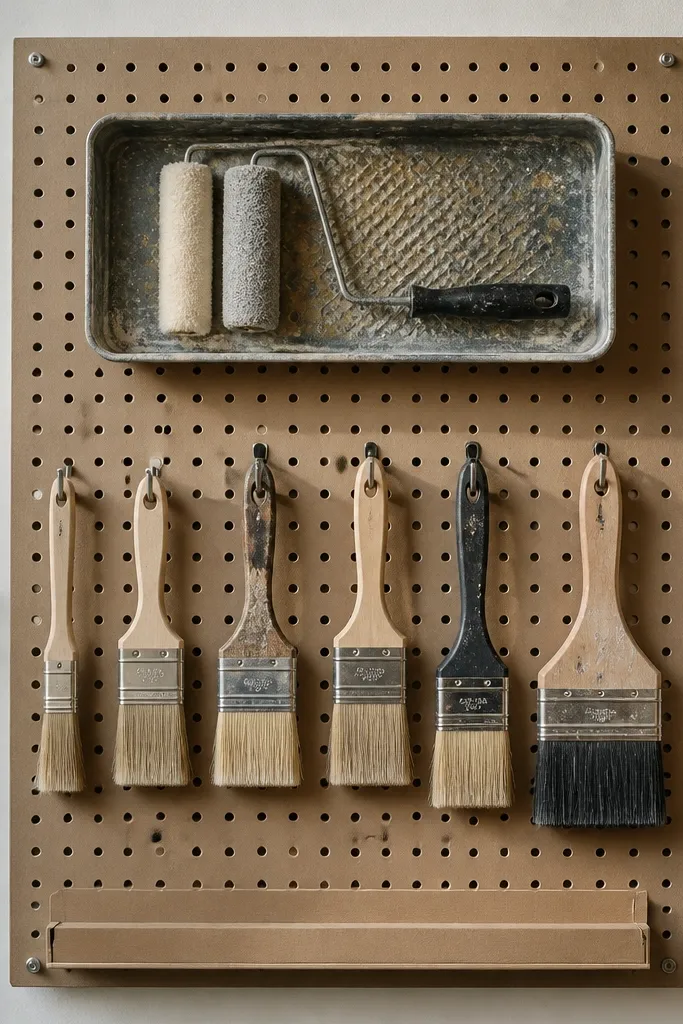 A pegboard panel with a custom roller tray made from a shallow metal pan. Brushes hang from hooks in a row, and a small label strip sits at the bottom.