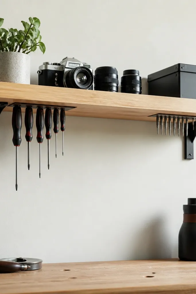 A floating-style shelf made from sealed light wood. On the underside are two magnetic strips at the shelf ends, with screwdrivers and small bits stuck neatly. The shelf brackets are black.